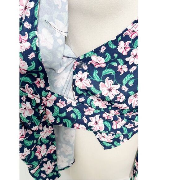 Betabrand Women's Floral Wrap Side Tie Bell‎ Sleeve Blouse Navy Pink Size Large - Picture 8 of 11